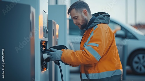 Charging Station Maintenance: Technician performing routine check on charging station, open panel showing high-tech components. 