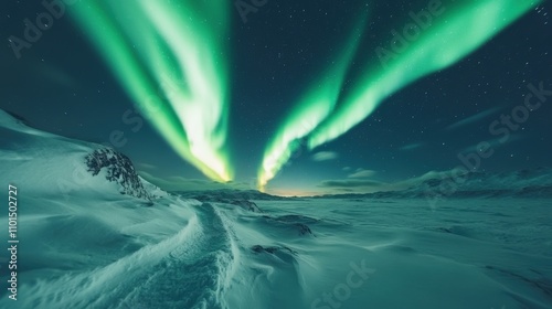 Stunning night sky illuminated by vibrant green auroras over a snowy landscape.
