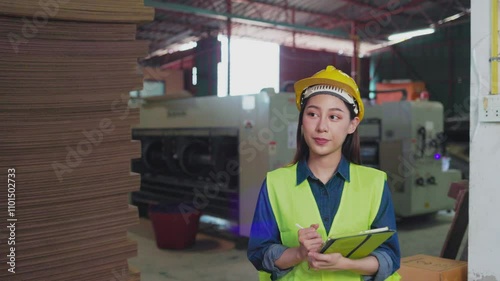 Factory woman worker or technician with safety uniform hold tablet and smile stand in workplace in front of machine. Concept of good management system help to support industrial business.