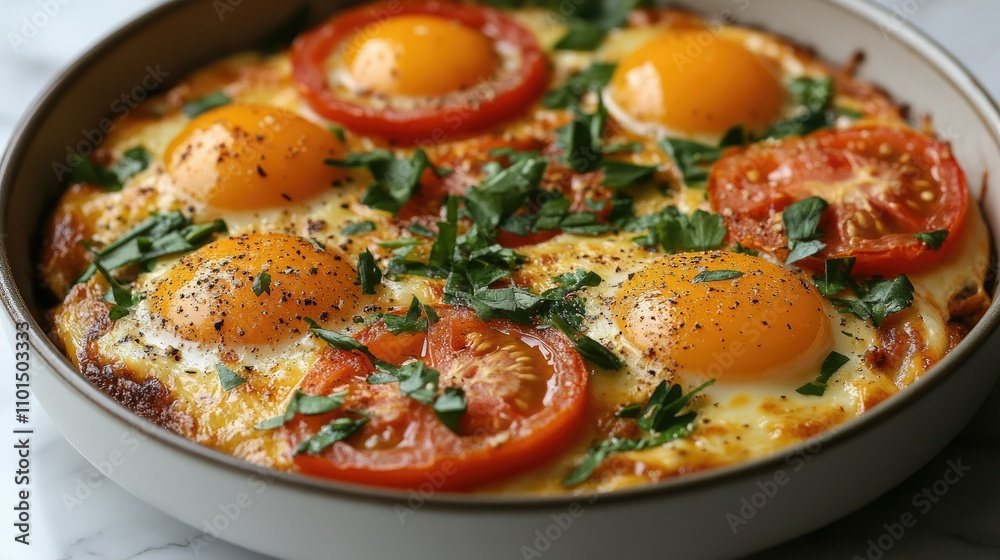 Baked eggs with tomatoes and herbs in a skillet. Baked eggs with tomatoes and herbs in a skillet.