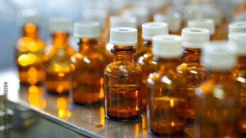 Amber glass bottles with white caps in a laboratory setting