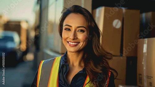 an individual wearing a high-visibility safety vest with reflective stripes. The individual is standing in front of a background that appears to be an outdoor setting with multiple cardboard boxes, su