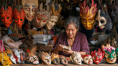 Artisan crafting wooden masks in a vibrant cultural market. photo