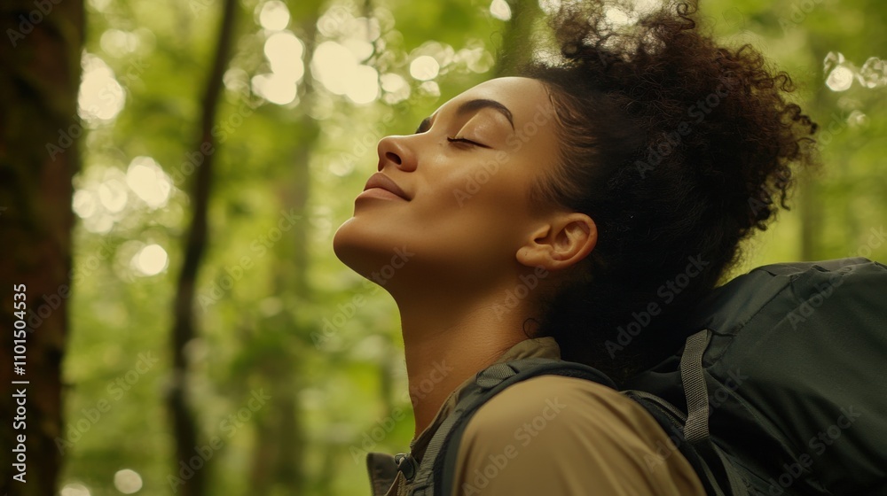Woman breathes deeply in a forest enjoying nature Woman breathes deeply in a forest enjoying nature