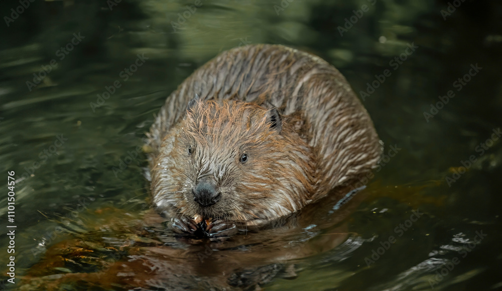 Beaver gnawing on wood in a river in the united kingdom