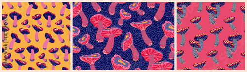 Seamless pattern, artistic texture with poisonous mushrooms in retro motif. Psychedelic graphic surface design with fly agaric mushrooms in 3 colors, retro style print. Vector illustration.