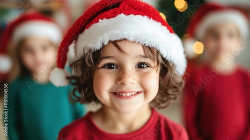 A group of children in Santa hats are joyfully participating in a Christmas event, creating a cheerful and festive atmosphere