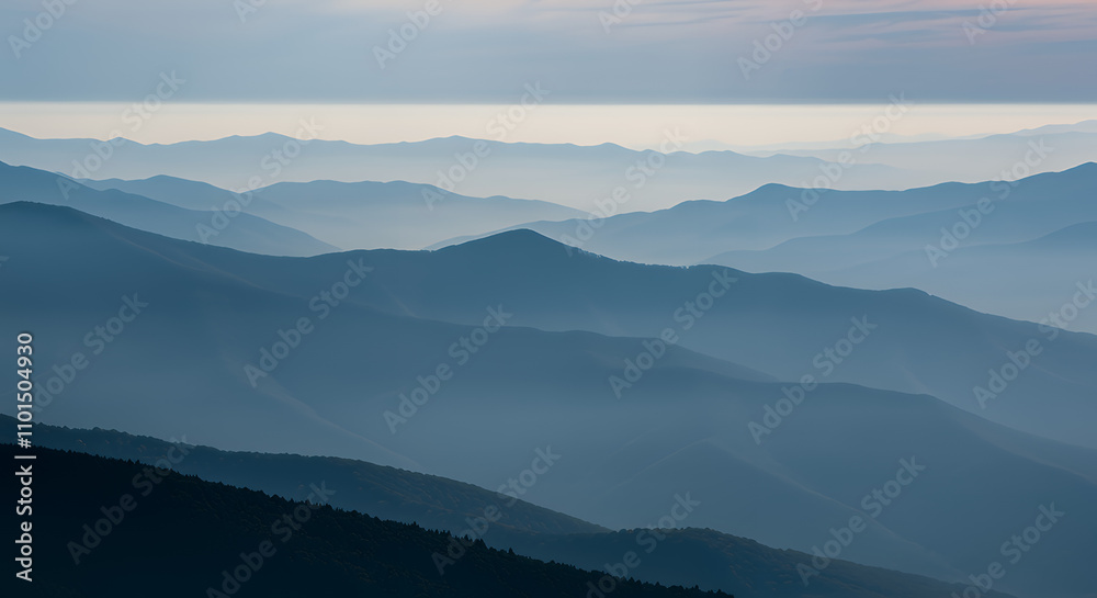 Serene Blue Ridge Mountains: Misty Layers of Appalachian Peaks at Dawn or Dusk Serene Blue Ridge Mountains: Misty Layers of Appalachian Peaks at Dawn or Dusk