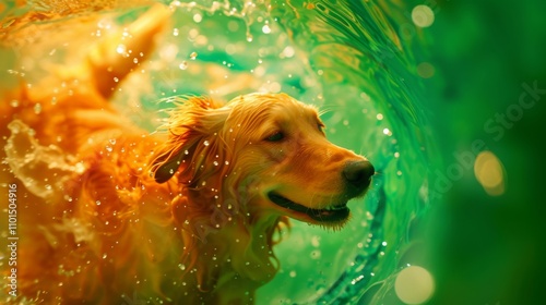 A golden retriever joyfully swims through a splash of green water, its fur glistening and expression calm. The green hues and water motion create a peaceful and refreshing atmosphere in this lively photo