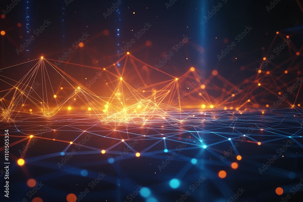 Obraz premium Abstract tech illustration shows interconnected glowing lines, points. Futuristic network of data, communication. Modern illustration highlights intelligent connection system. Dynamic energy, speed.