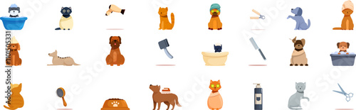 SPA procedures pets icons set. Cartoon pet grooming icons showcasing various breeds of dogs and cats being pampered with baths, blow drying, brushing, and other hygiene practices