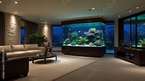 Here's a caption and keywords for your stock image.. Luxurious living room with massive built-in aquarium featuring diverse coral reef fish.