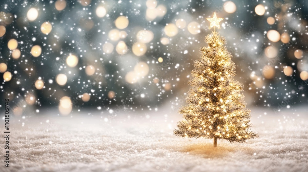 A beautifully lit Christmas tree stands in a snowy forest at twilight, surrounded by soft falling snowflakes and twinkling lights A beautifully lit Christmas tree stands in a snowy forest at twilight, surrounded by soft falling snowflakes and twinkling lights