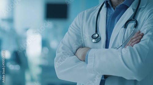 Closeup of a healthcare professional in scrubs with arms crossed and a stethoscope around their neck,Doctor against a blurred background of medical staff in a hospital,clinic setting,Healthcare.