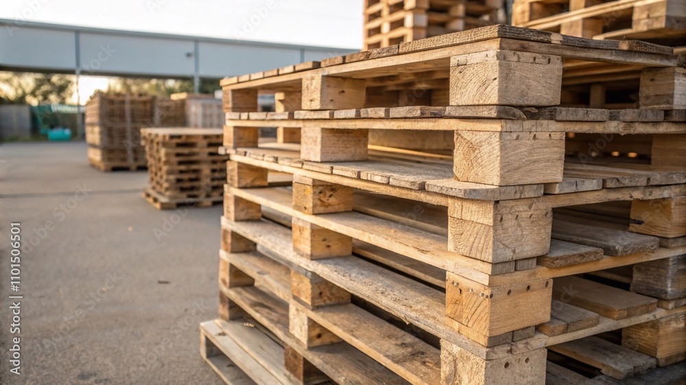 A stack of neatly aligned wooden pallets in bright natural lighting, emphasizing eco-friendly logistics A stack of neatly aligned wooden pallets in bright natural lighting, emphasizing eco-friendly logistics