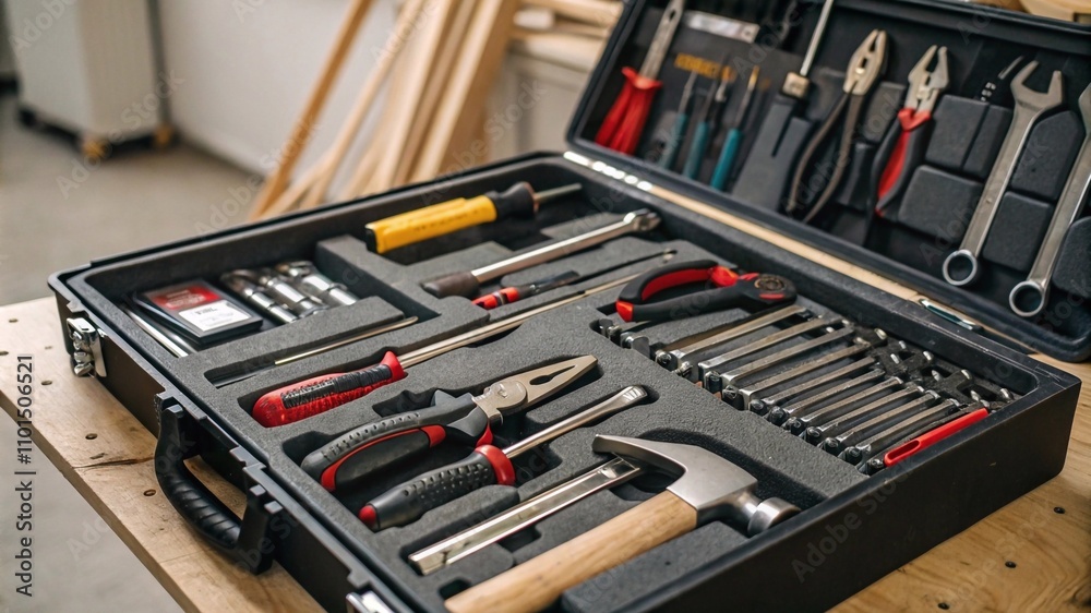 Fototapeta premium An open toolbox filled with neatly organized tools, including wrenches, screwdrivers, and pliers, displayed against a white background for clarity