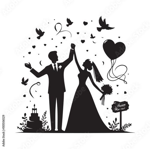 couple celebrating marriage silhouette vector illustration