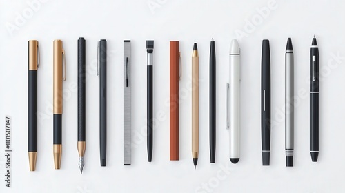 A Collection Of Various Writing Instruments Displayed In A Row