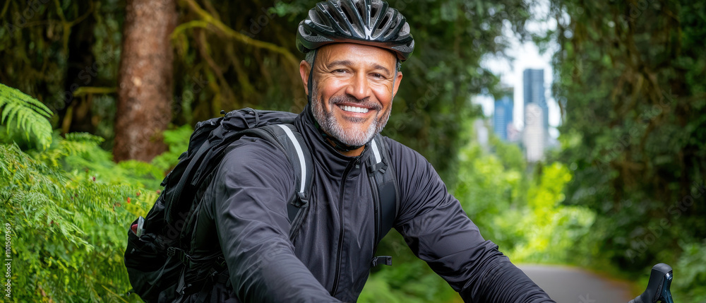 Commuting to work concept, A smiling man in cycling gear enjoys a ride through a lush green forest path with city skyline visible in the background.