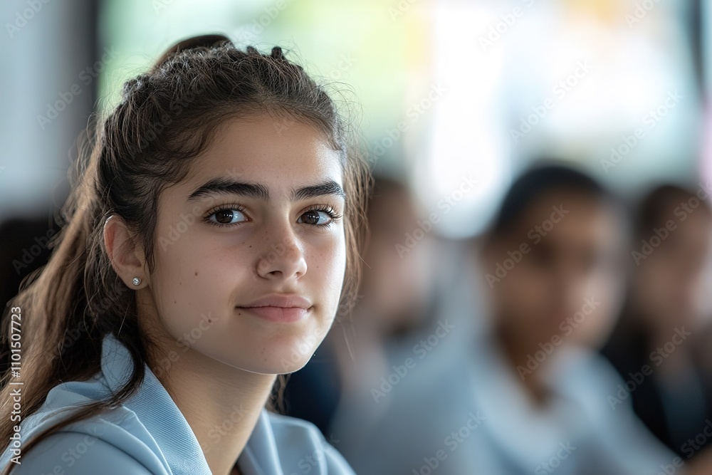 Smiling girl in classroom with peers in background Smiling girl in classroom with peers in background