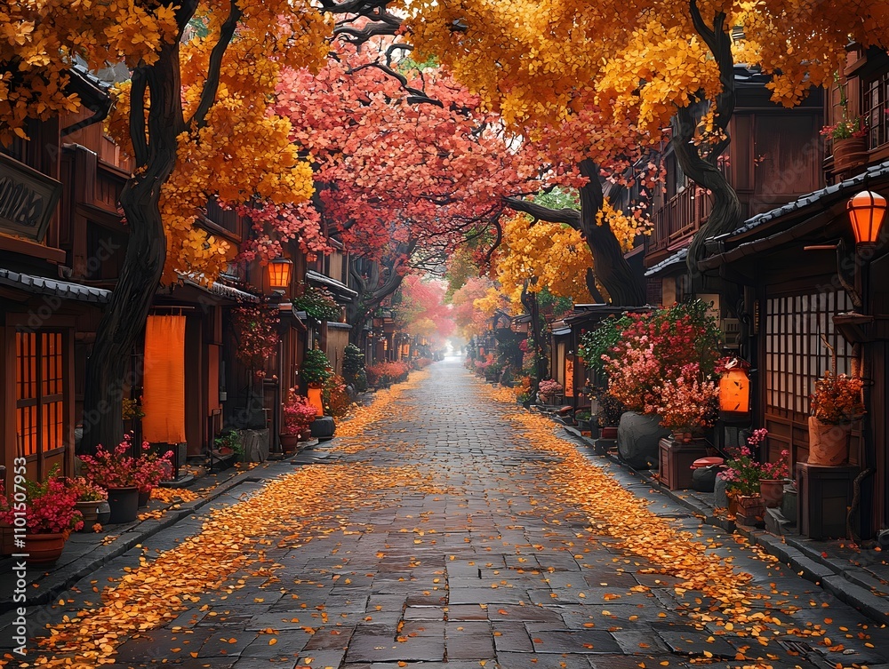 Fototapeta premium Osaka’s old streets in autumn feature osmanthus trees lining the paths covered with fallen leaves
