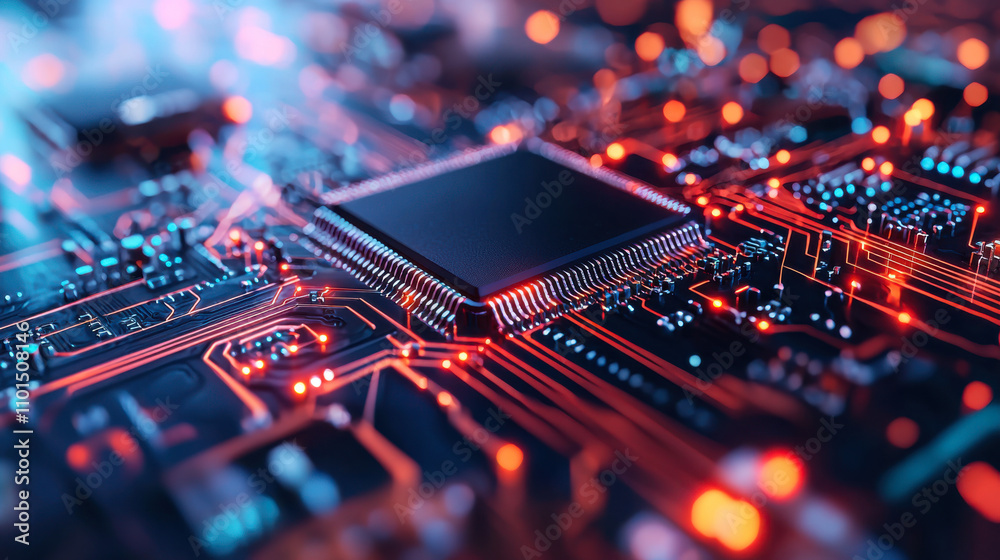 Obraz premium High tech circuit board with glowing components and microchip