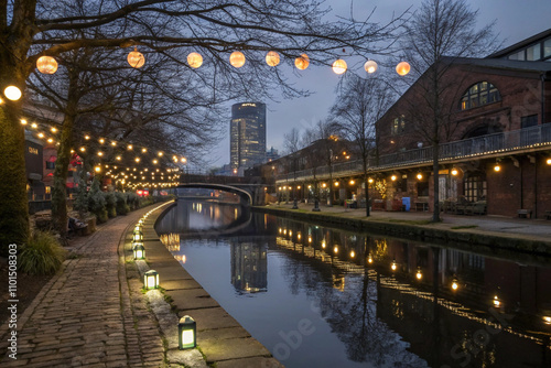 The Christmas lights on Manchester’s Castlefield Basin reflected in the still waters of the canal, with softly glowing lanterns lining the pathways along the water.