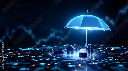 Family Home and Car Under Protective Umbrella: Insurance Concept