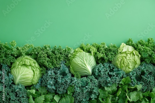 Many different types of vegetables on this green background, frame , space for text photo