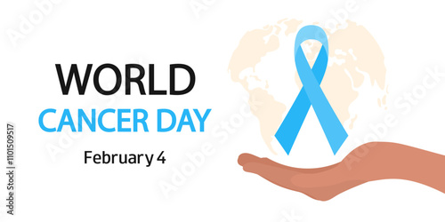 World Cancer Day. February 4.  White background with human hand, blue ribbon. Medical awareness banner, poster, flyer, presentation.