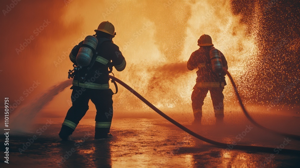 Naklejka premium Firefighters in action, using hoses and teamwork in a dynamic rescue scene