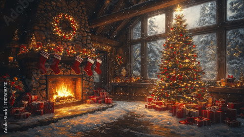 Cozy Christmas Living Room with Fireplace and Tree photo