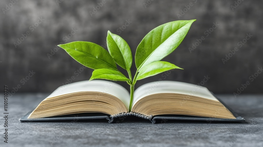 Open Book with Fresh Green Leaves Emerging from the Pages, Symbolizing Knowledge, Growth, and Nature's Wisdom in a Minimalist Setting