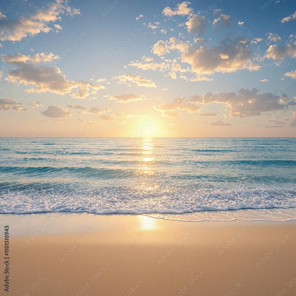 Fine sandy beach with gently lapping blue ocean wave, sandy shores., calm ocean water, idyllic beach scene, soothing atmosphere Fine sandy beach with gently lapping blue ocean wave, sandy shores., calm ocean water, idyllic beach scene, soothing atmosphere