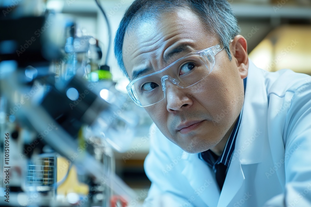 Serious male scientist examines in lab Serious male scientist examines in lab