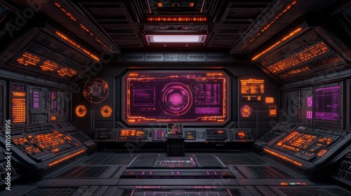 Futuristic Control Room Interior with Neon Displays and High-Tech Interfaces Showcasing Advanced Technology and Data Visualization