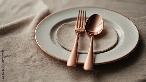 Rose gold flatware on a linen napkin photo