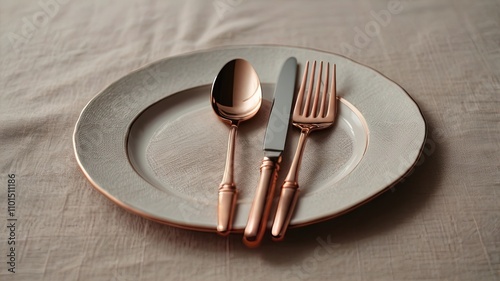 Rose gold flatware on a linen napkin photo