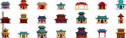 Traditional chinese house icons set. Set of colorful asian houses and temples showcasing oriental architecture with intricate details and vibrant colors