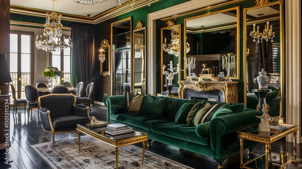 Fototapeta premium Elegant living room with a velvet emerald-green sofa, gold-framed mirrors, and a chandelier illuminating a dark hardwood floor.