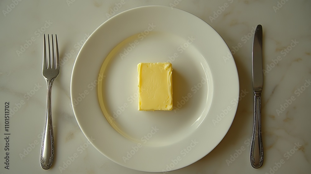 A Single Slice of Butter on a White Plate with Utensils. Simple and Elegant Food Photography. A Single Slice of Butter on a White Plate with Utensils. Simple and Elegant Food Photography.