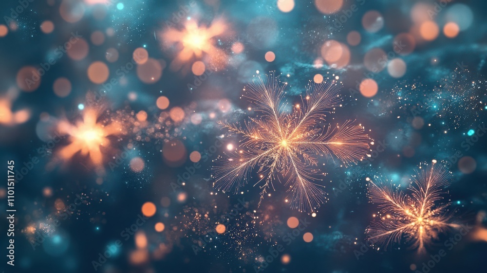 Fototapeta premium Abstract New Year's Eve display of digital stars and snowflakes, futuristic vibe. Christmas, New Year's Eve