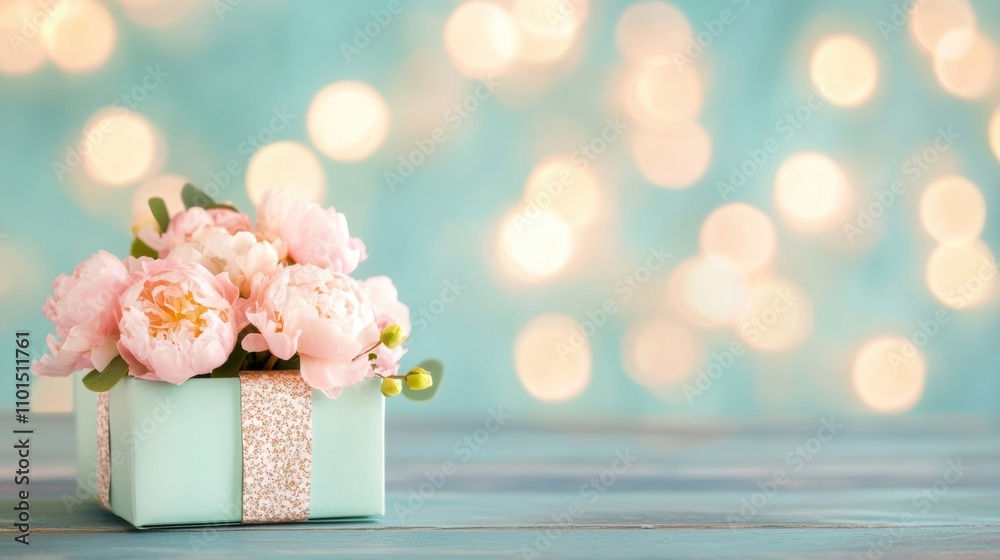 An elegant gift box showcases beautiful flowers, gently lit by soft lighting that creates a warm and inviting atmosphere An elegant gift box showcases beautiful flowers, gently lit by soft lighting that creates a warm and inviting atmosphere