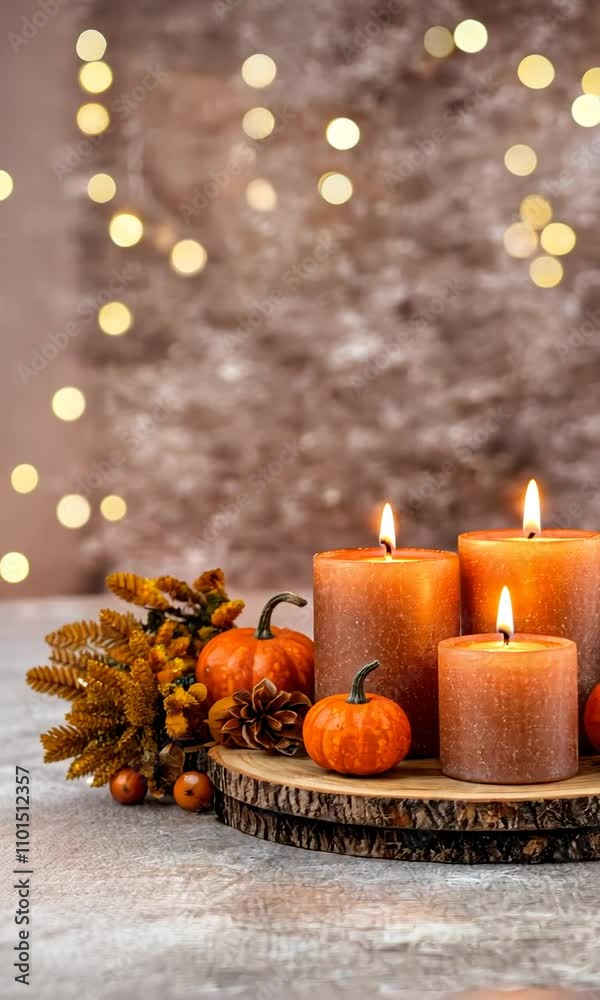 A warm autumn display showcases lit candles surrounded by small pumpkins and pinecones, creating a cozy atmosphere A warm autumn display showcases lit candles surrounded by small pumpkins and pinecones, creating a cozy atmosphere