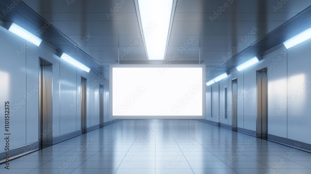 Empty Hallway with a Large Blank Sign at the End Empty Hallway with a Large Blank Sign at the End