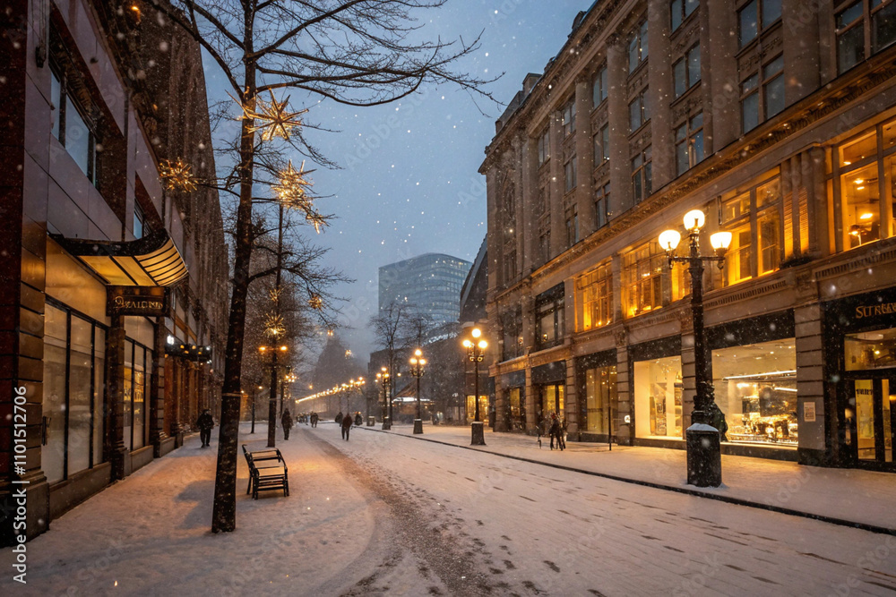 A Manchester street at dusk, where large snowflakes hang from streetlamps, with warm golden lights from the shops creating a welcoming glow. A Manchester street at dusk, where large snowflakes hang from streetlamps, with warm golden lights from the shops creating a welcoming glow.