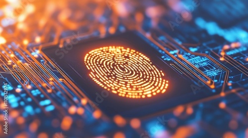 A glowing computer chip displays a fingerprint scanner at its center, showcasing advanced technology for secure identification photo