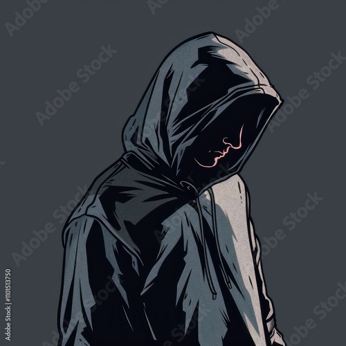 A cyberpunk hacker wearing a hoodie with a face drawn on it  in the dark photo