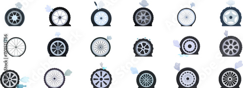 Punctured wheel icons set. Punctured wheels losing air rapidly, depicting various causes of damage, including nails, potholes, and other hazards