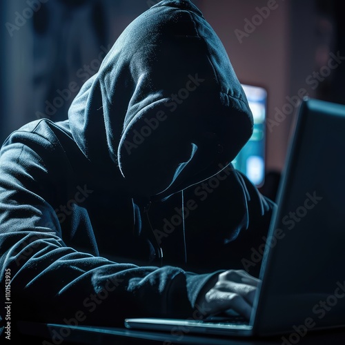 A cyberpunk hacker wearing a hoodie with a face drawn on it  in the dark photo